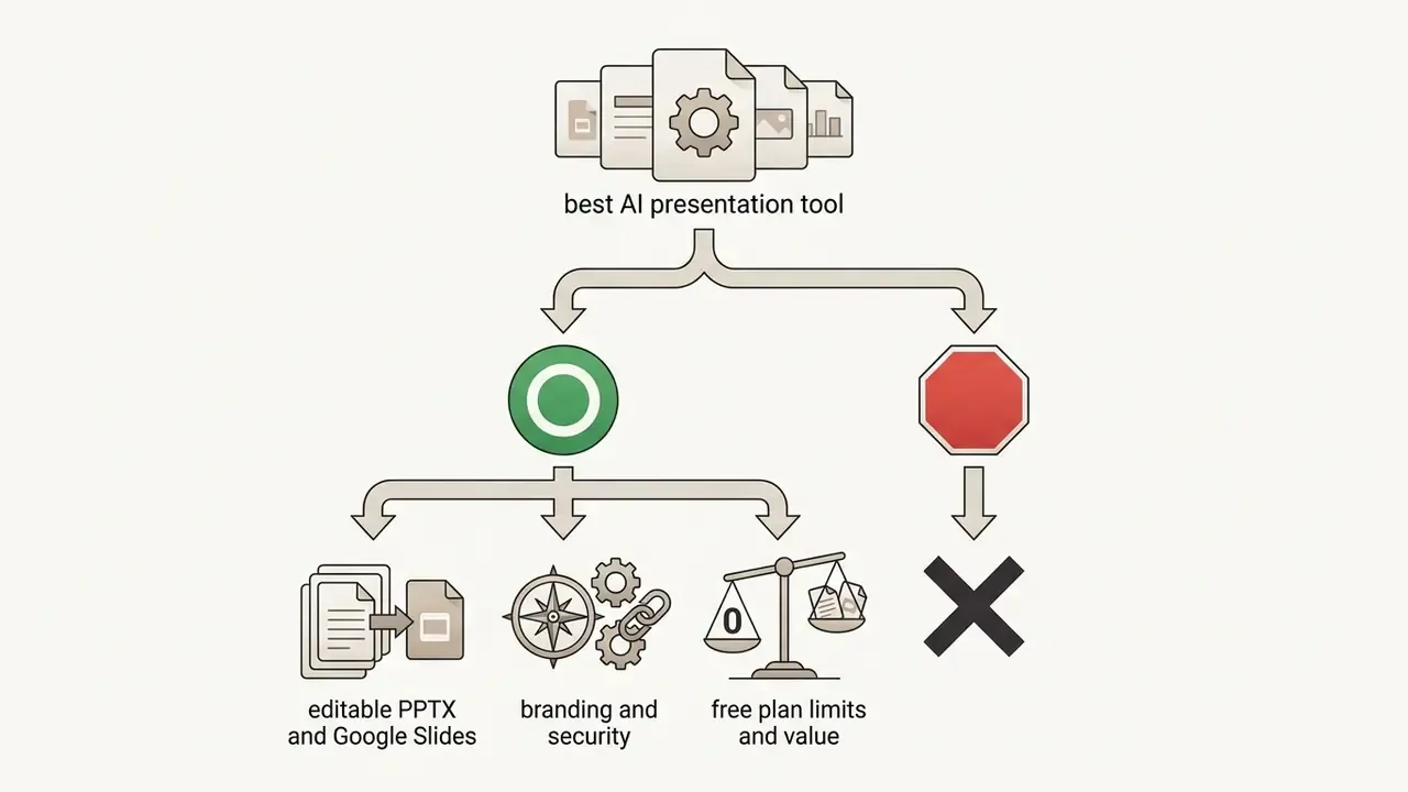 Branching path evaluating presentation software based on file compatibility, branding, and plan costs