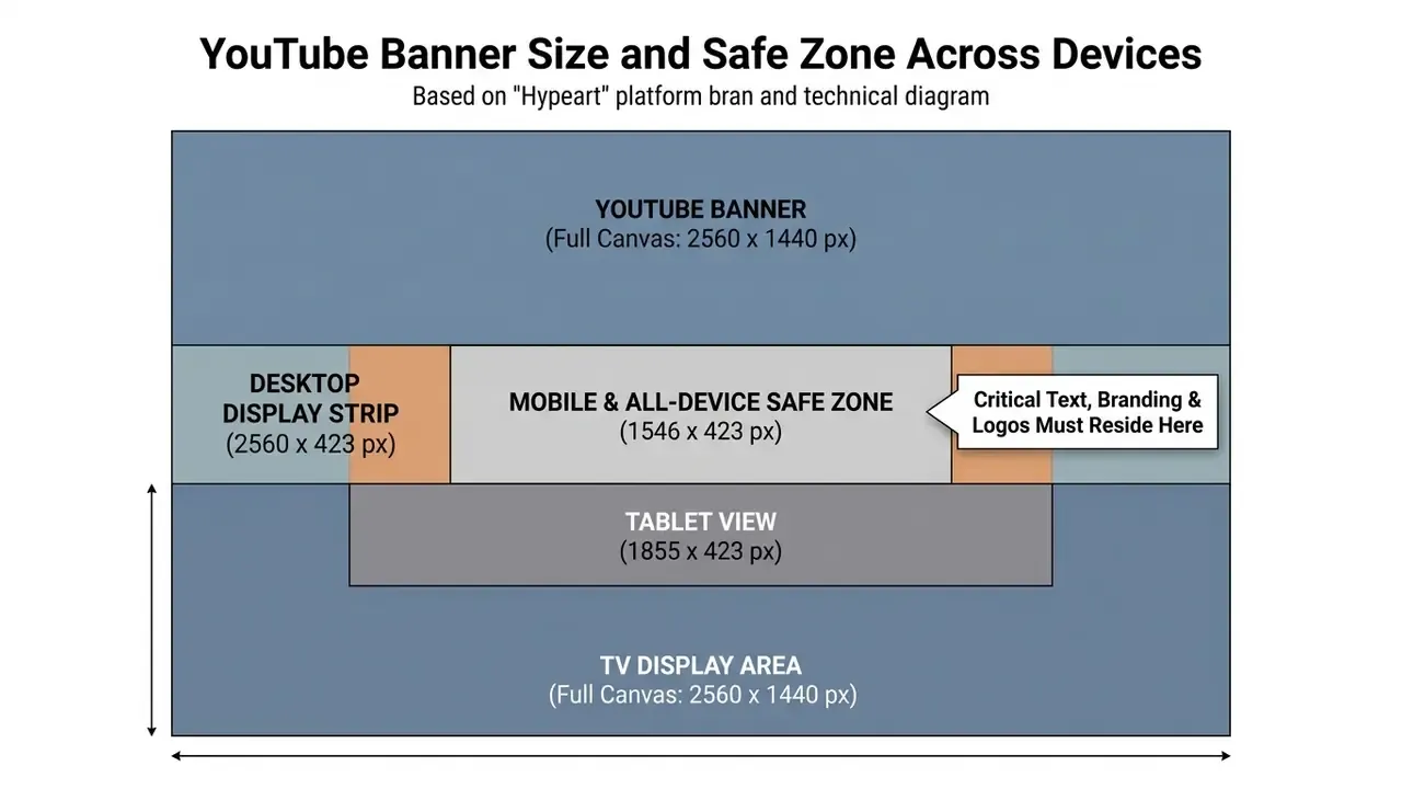 Diagram showing YouTube banner dimensions for TV, desktop, tablet, and mobile device display areas