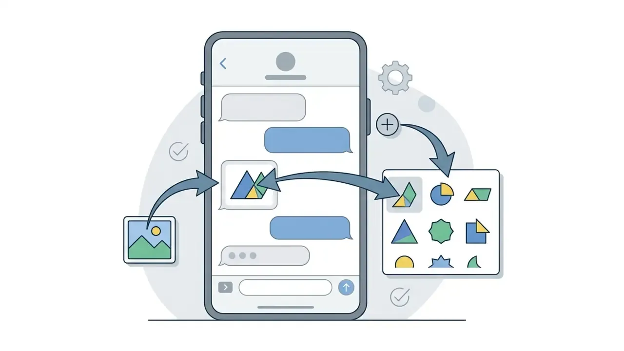 Arrows pointing from a photo and a sticker menu into a chat bubble on a smartphone screen