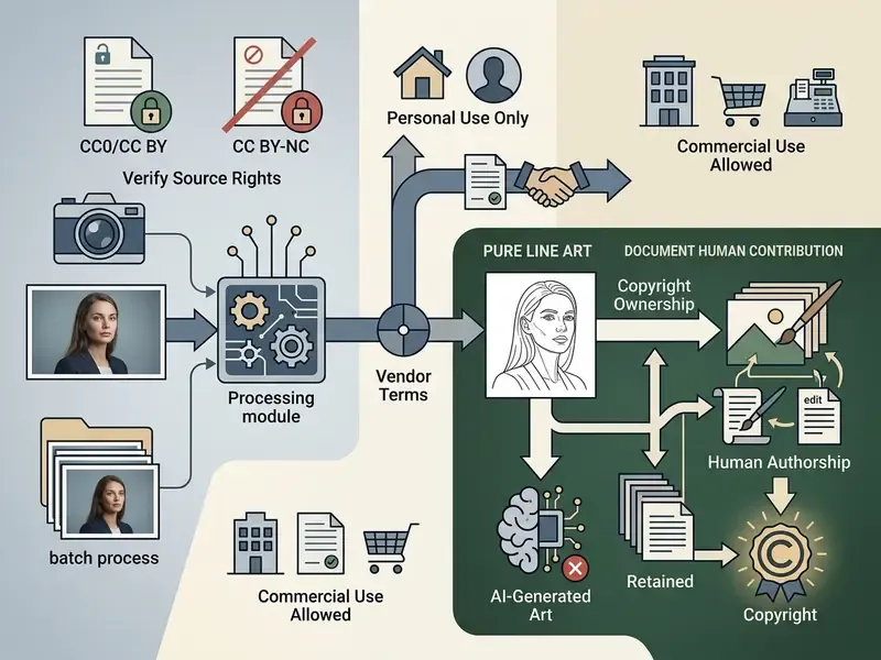Decision tree showing legal compliance steps for image processing and copyright ownership documentation
