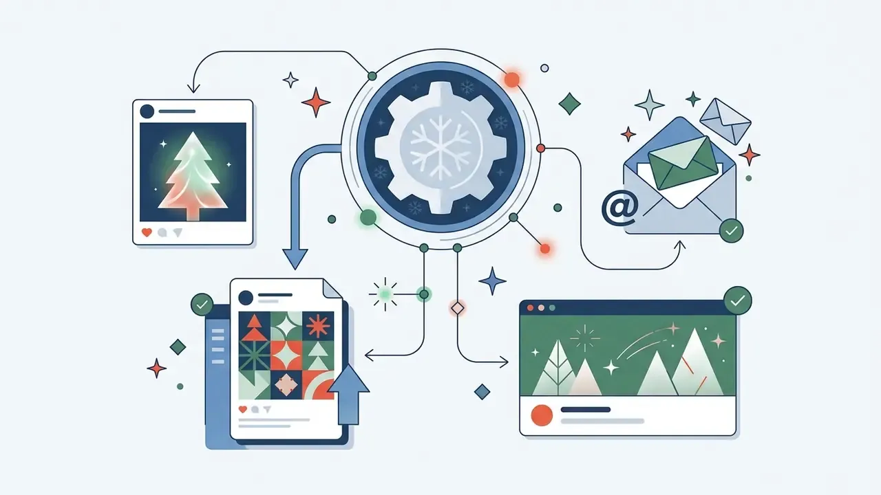 Central gear icon connecting holiday graphics to social media posts and email newsletter templates