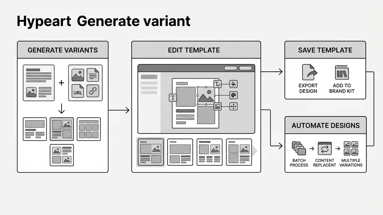 Process diagram showing stages for generating, editing, saving, and automating document design variants