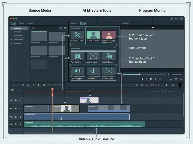 Annotated software interface showing source media, AI effects tools, program monitor, and multi-track timeline