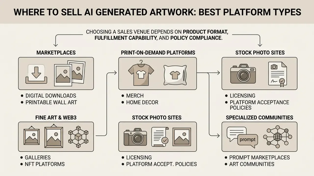 Infographic flowchart categorizing various platforms for selling AI generated artwork by business model