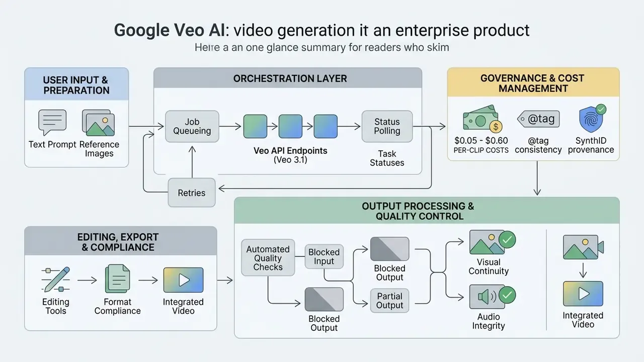 Workflow diagram showing the orchestration layer for Google Veo video generation including quality and cost controls