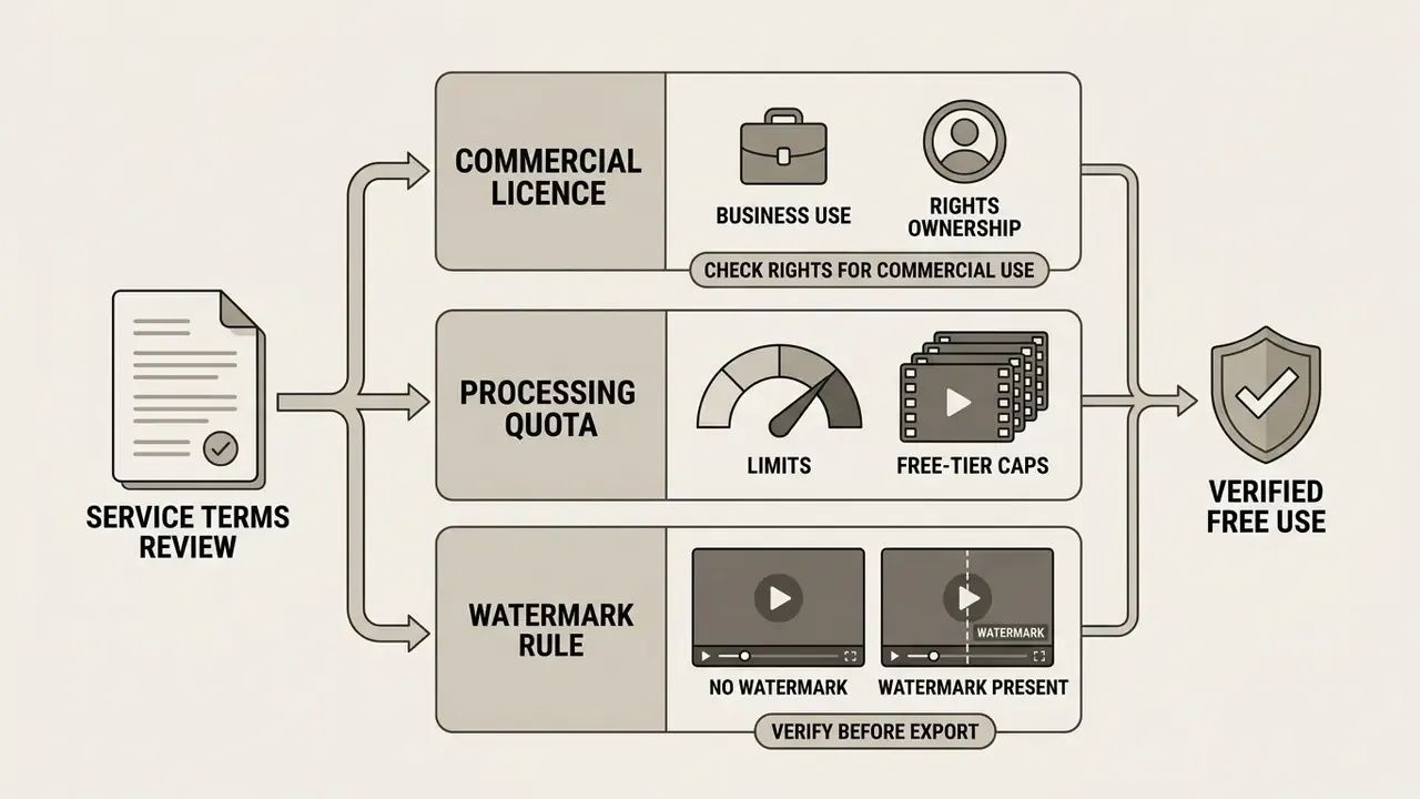 Infographic breaking down service terms review into commercial license, processing quota, and watermark rules