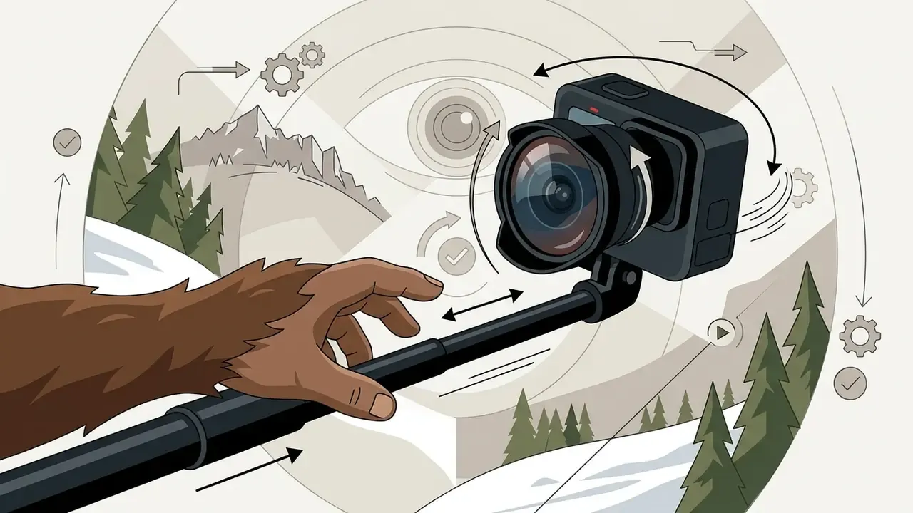 Furry hand holding an action camera on a pole with a wide fisheye lens against a mountain forest background