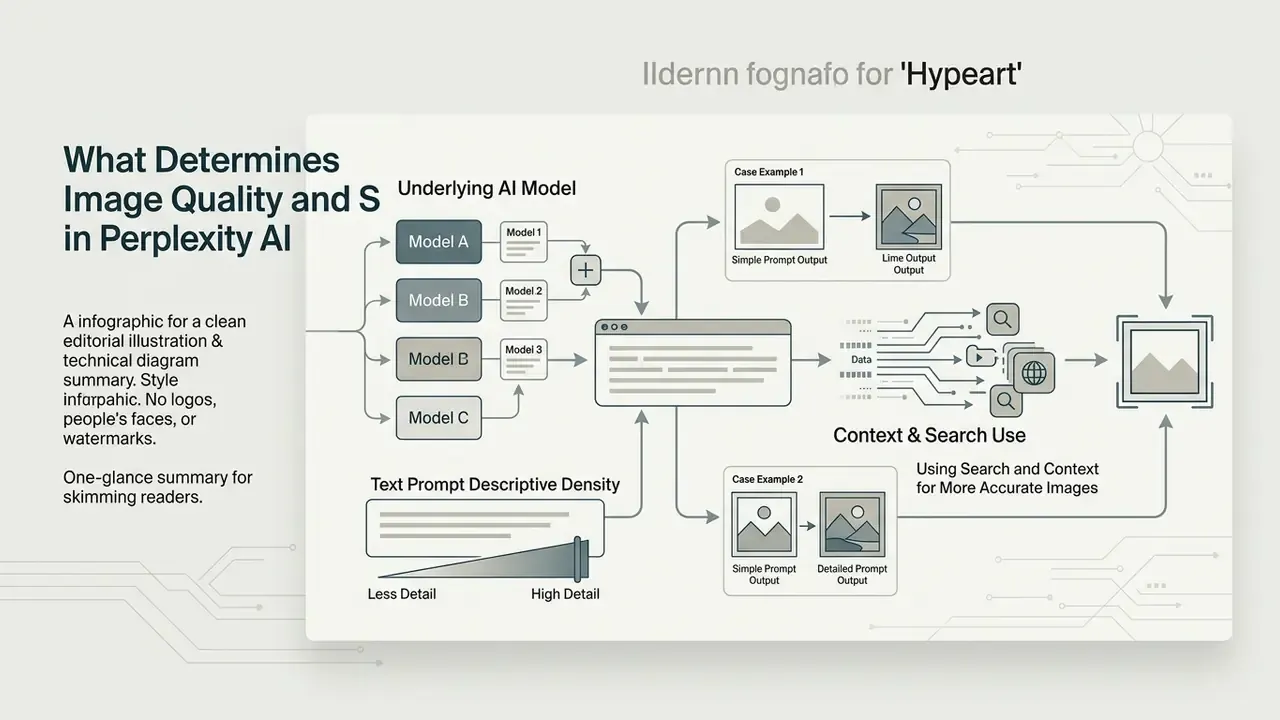 Schematic diagram showing how AI models, prompt density, and search context influence Perplexity AI image output