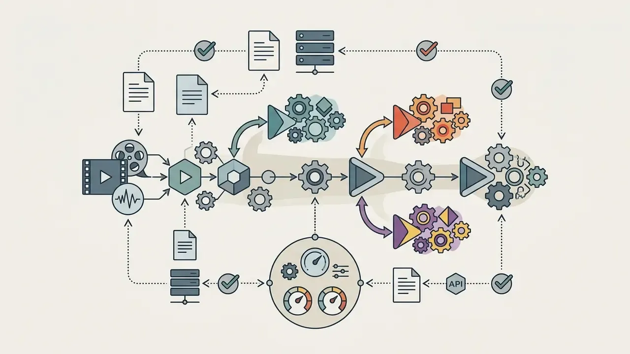 Media files and server data flowing through processing hubs with gears and API integration points