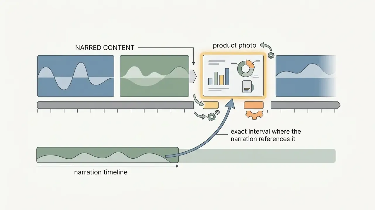 Diagram showing a product photo gated to a specific interval on a video timeline during narration