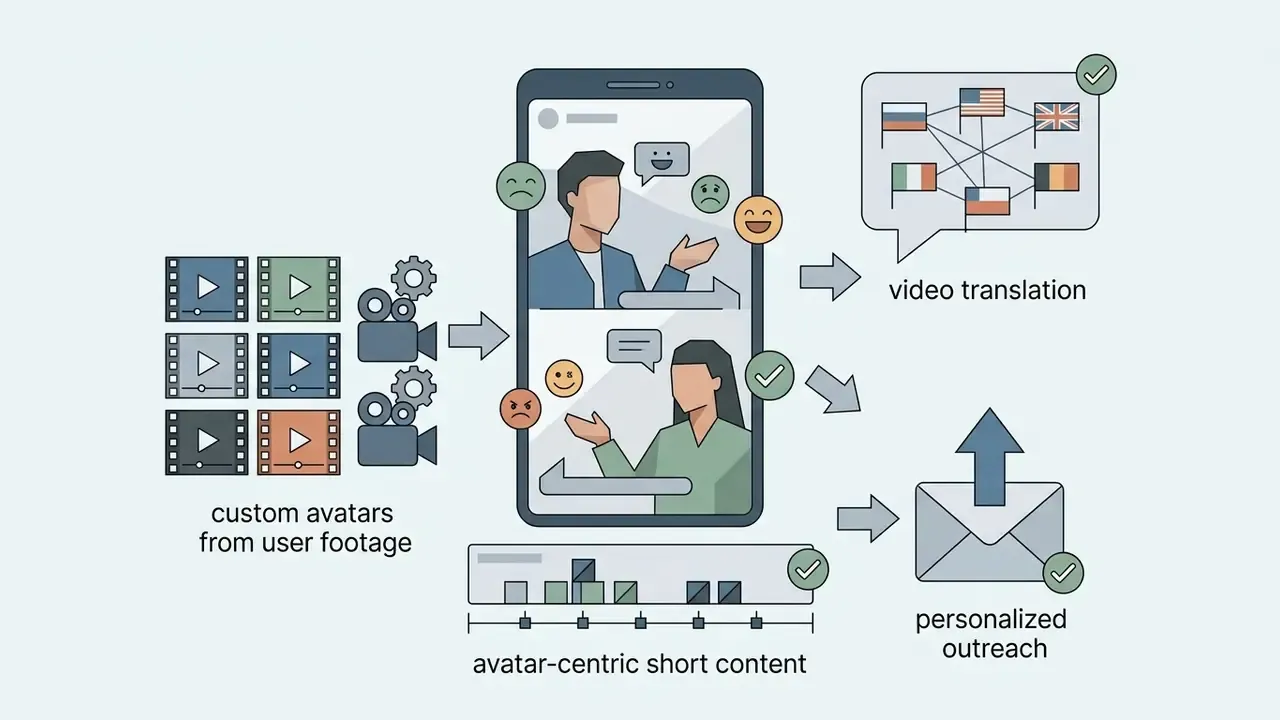 Mobile screen showing expressive AI avatars with icons for video translation and personalized outreach