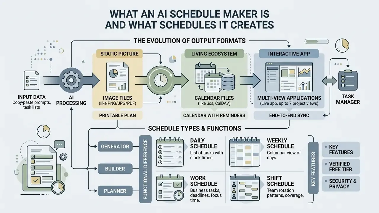 Infographic showing the evolution of AI schedule maker output formats and various schedule types