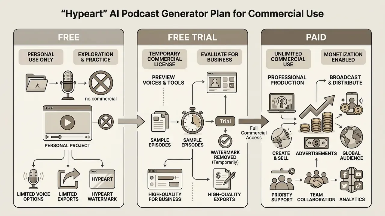 Comparison matrix showing feature and commercial usage differences between free, trial, and paid service tiers