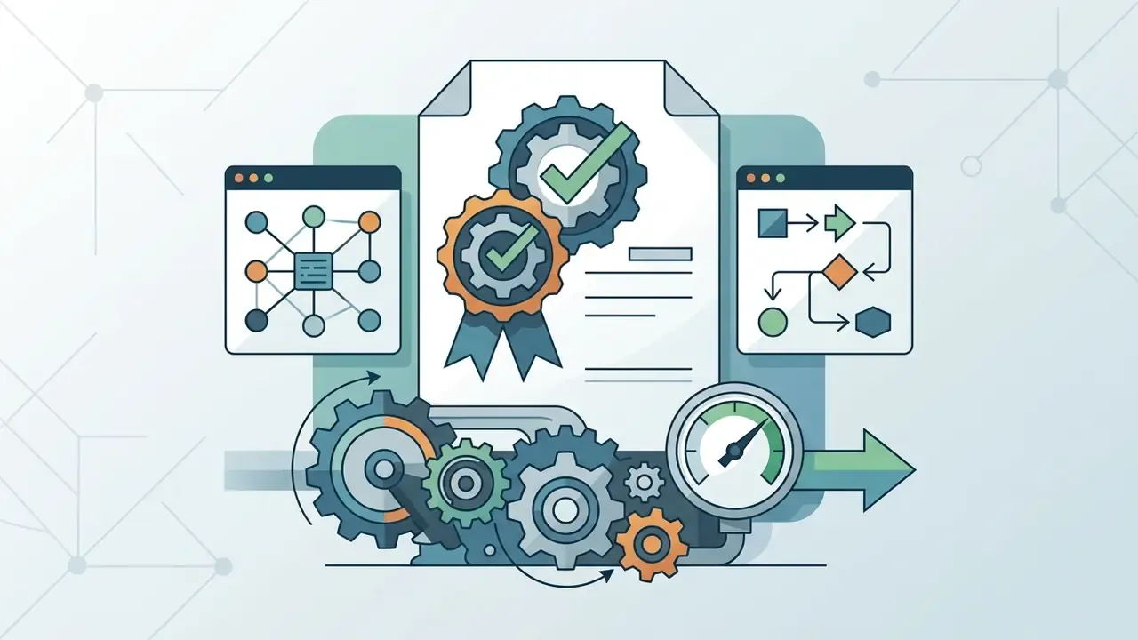 Document with checkmark badges flanked by technical windows and gears driving a gauge toward an arrow