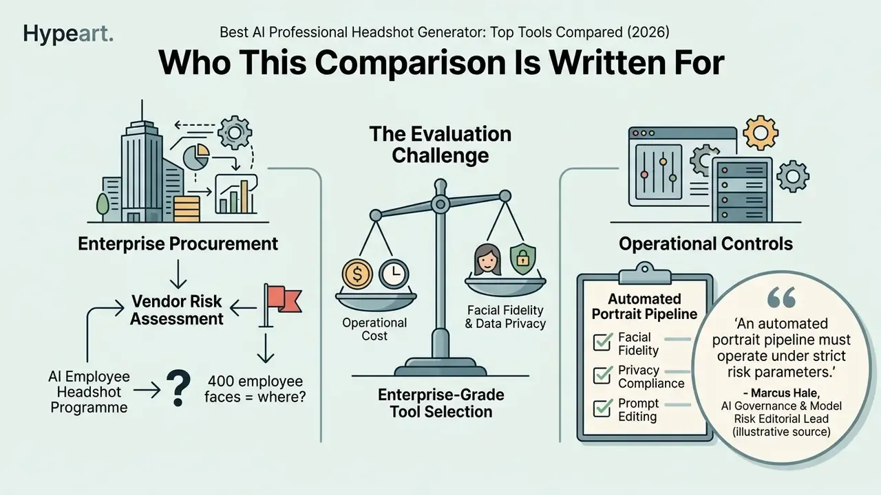 Infographic showing enterprise procurement challenges and operational controls for AI portrait pipelines
