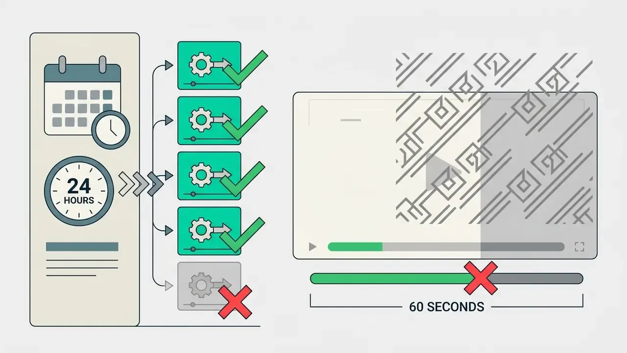 Calendar and clock icons linked to a series of processed video frames and a sixty second progress bar