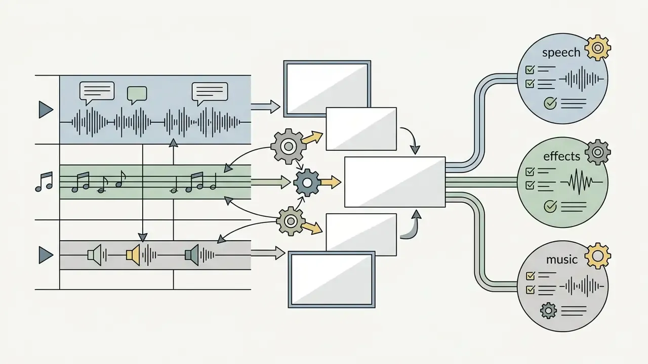 Timeline tracks for speech and audio feeding into processing gears and separated output channels