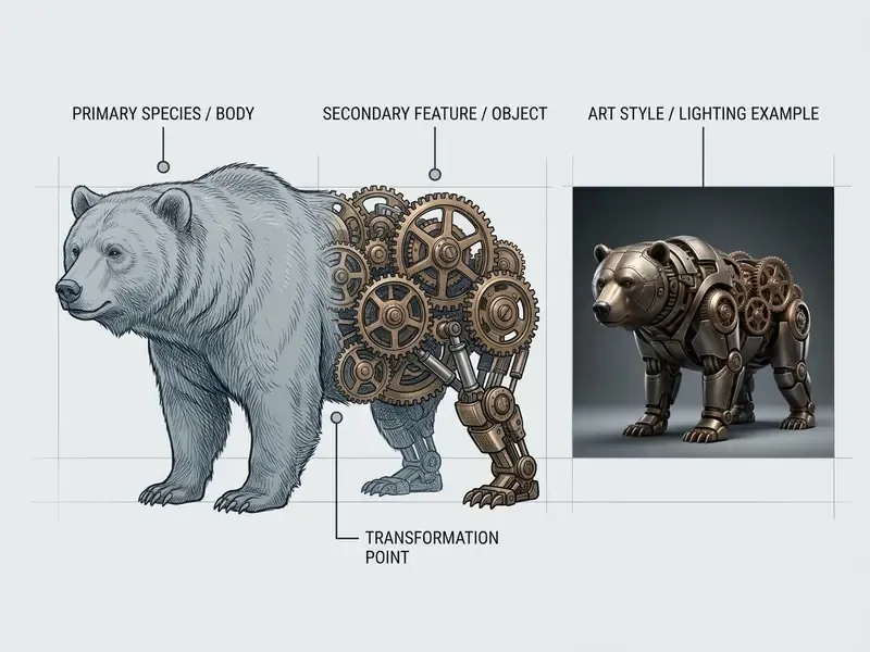 Diagram showing how to construct a hybrid creature by combining a biological body with mechanical parts