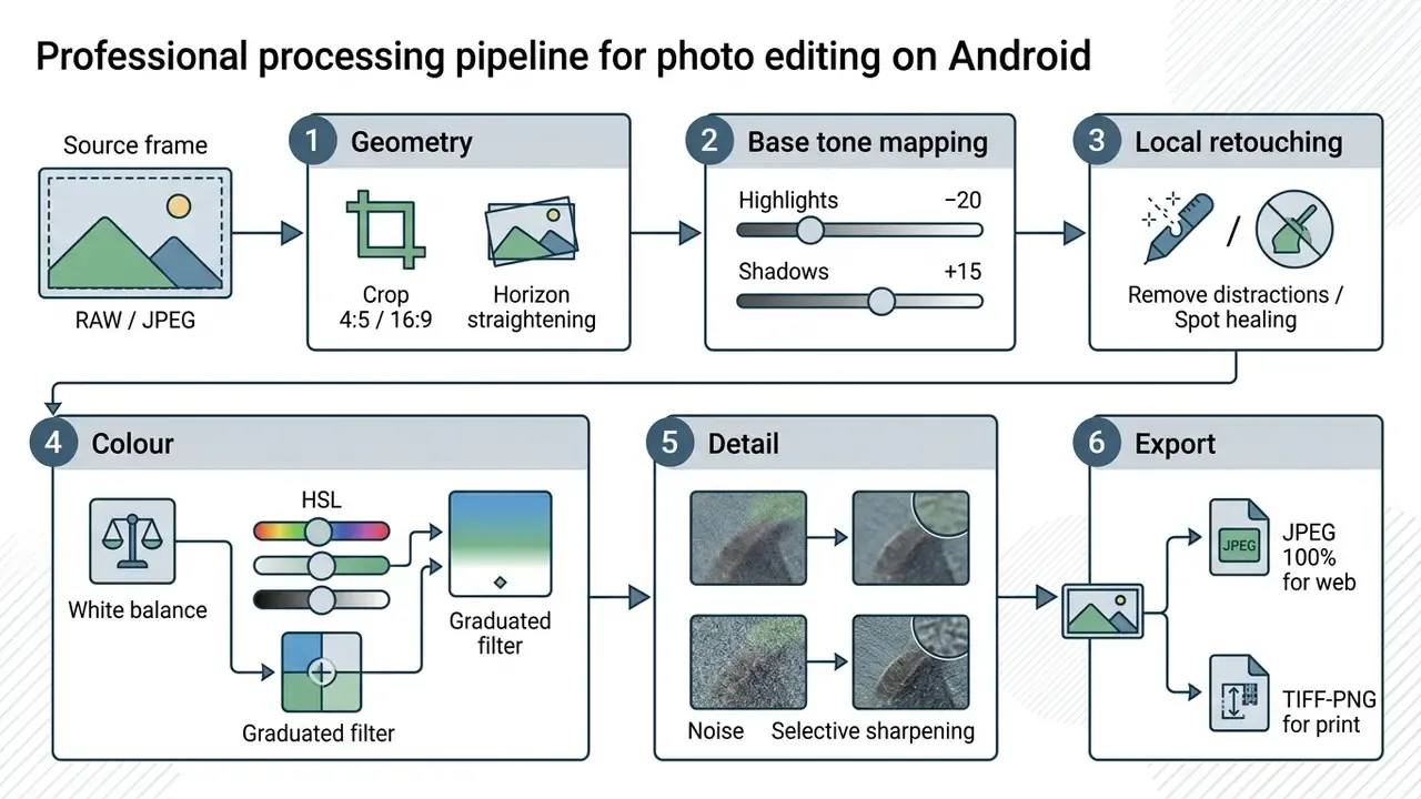 Six-step sequential diagram detailing mobile image adjustments from geometry and tone to export formats