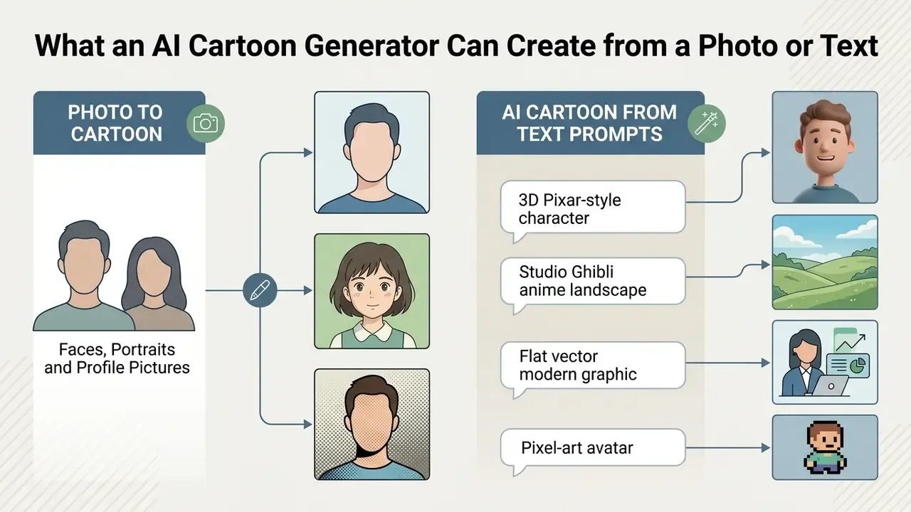 Infographic showing how AI converts photos into portraits and text prompts into diverse cartoon styles