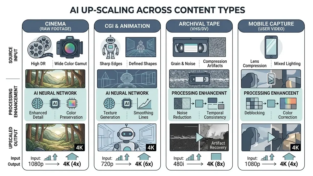 Comparison chart showing how neural networks enhance cinema, CGI, archival tape, and mobile video content