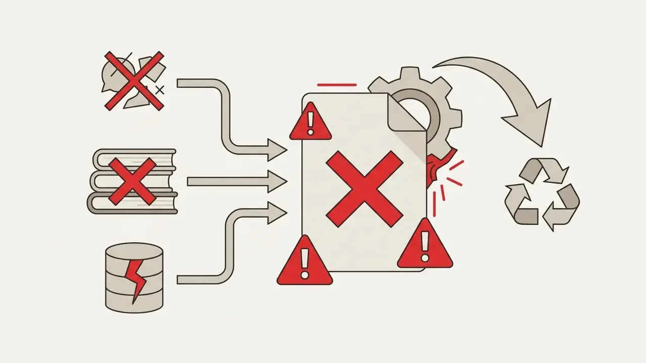 Icons of rejected content feeding into a gear processor that marks a document with warning signs