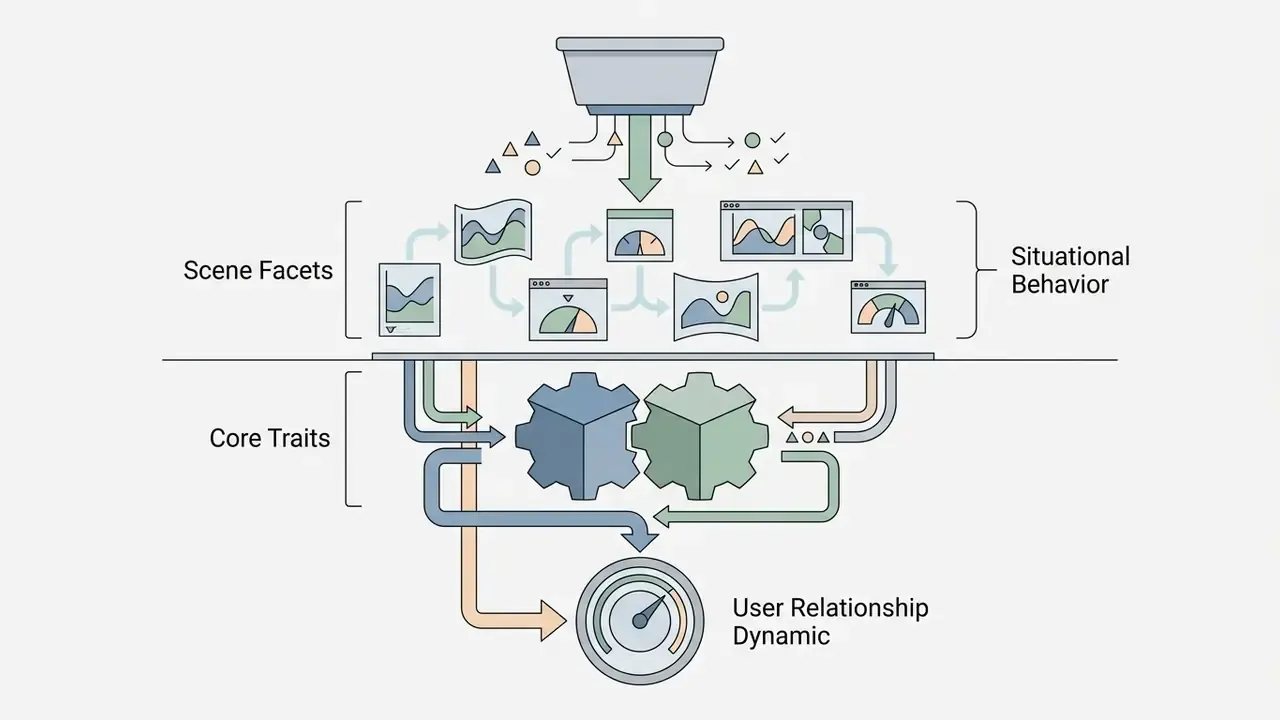 System of gears and data streams connecting situational behavior facets to core traits and a relationship gauge