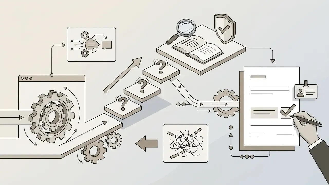 Gears and question marks leading to a document review process with a magnifying glass and shield icon