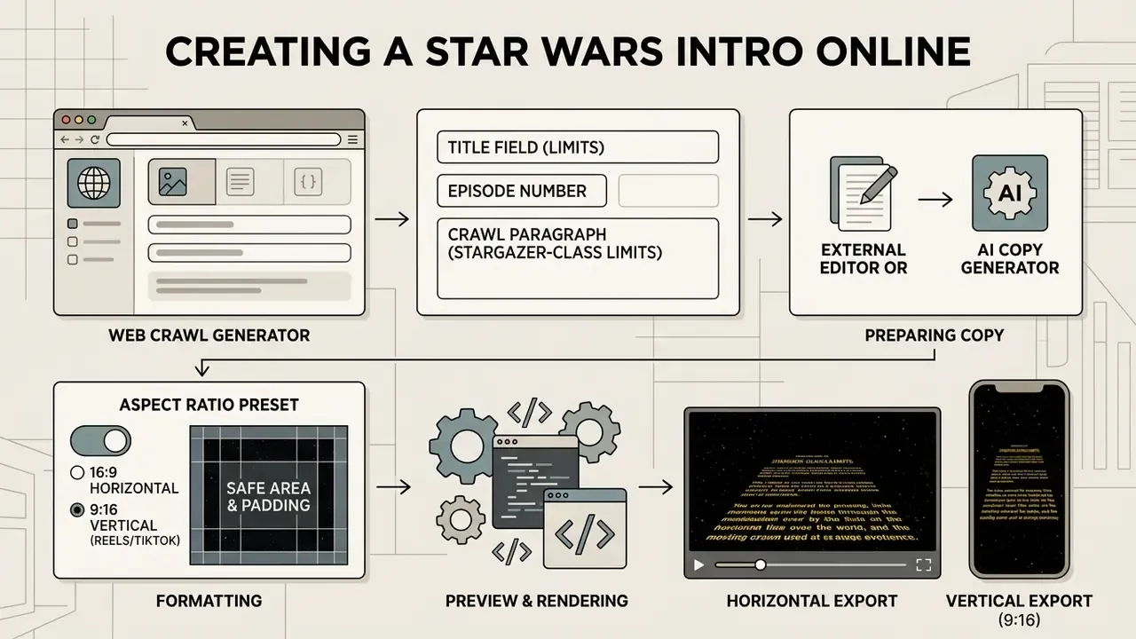 Diagram showing the workflow for using a Star Wars intro creator to generate and format crawl videos