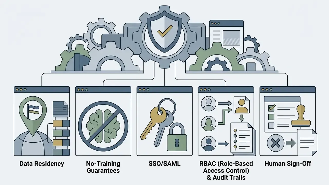 Central shield gear connected to five boxes representing data governance and security compliance features