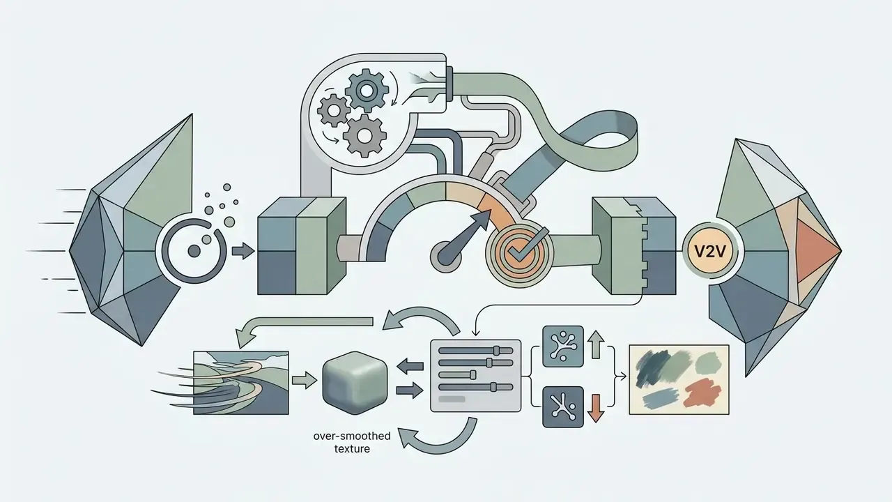 Gears and gauges adjusting V2V processing to correct over-smoothed textures in stylized animation