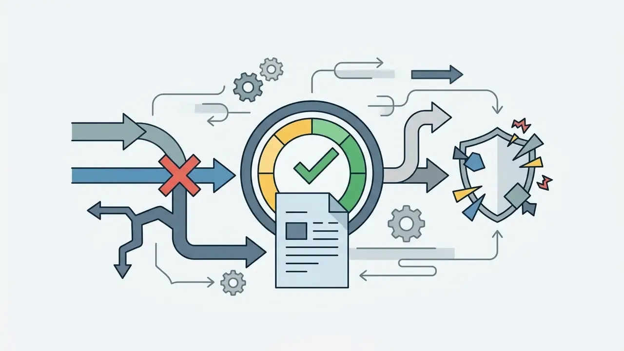 Arrows navigating past a red cross and a document toward a shield icon representing security verification