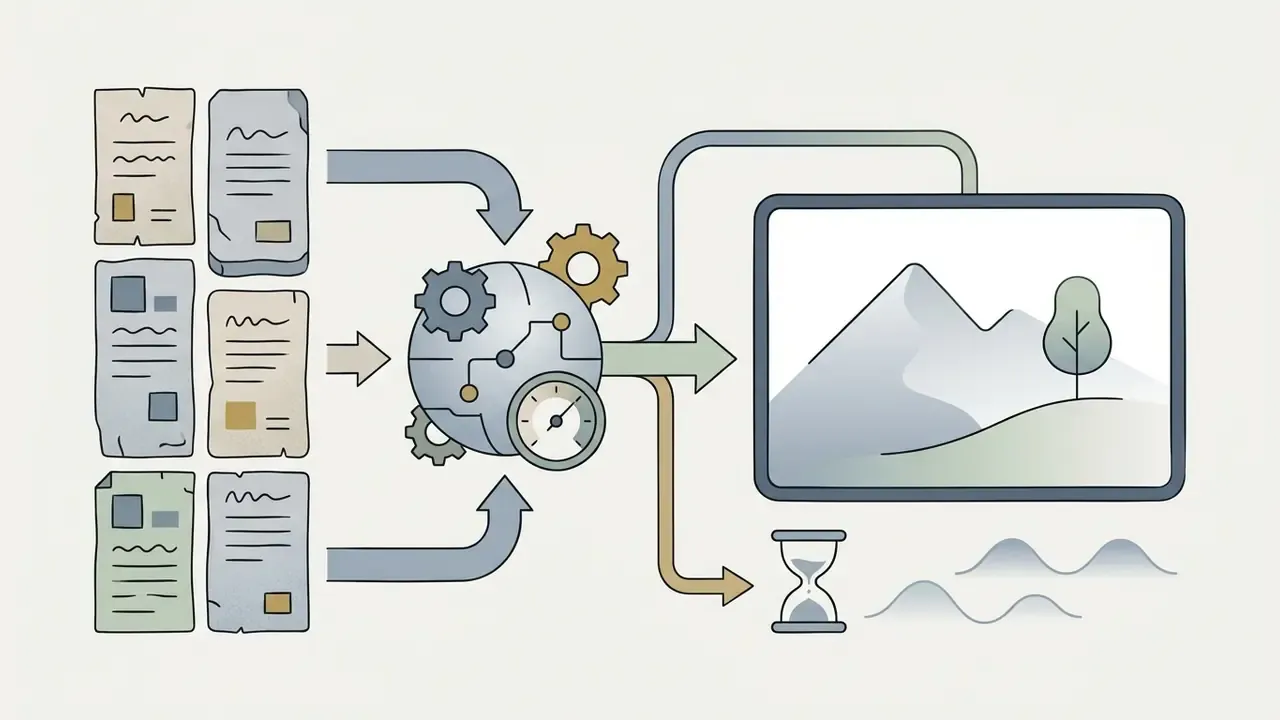Ancient text documents feeding into a gear processor to create cinematic landscape video content