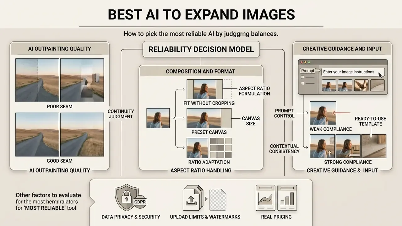 Decision model diagram evaluating AI for expanding photos based on seam quality, composition, and prompts