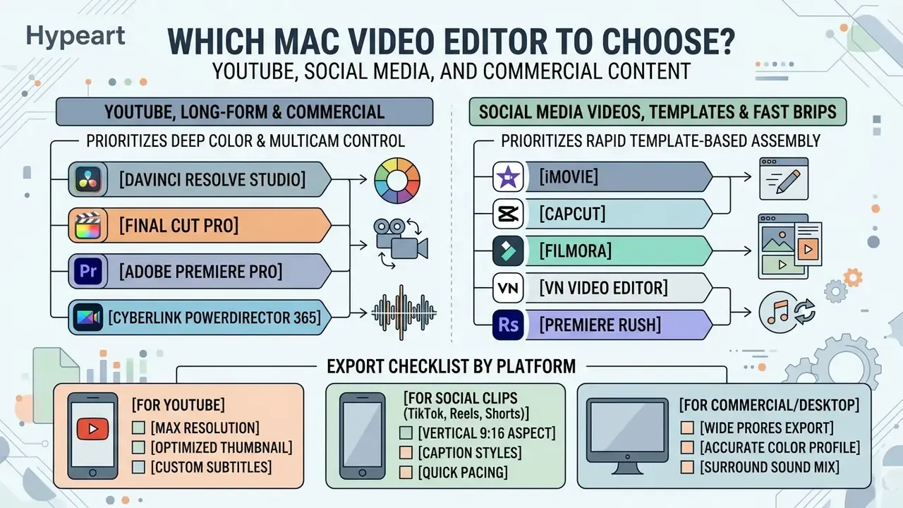 Comparison chart organizing professional and social media software by workflow and export requirements