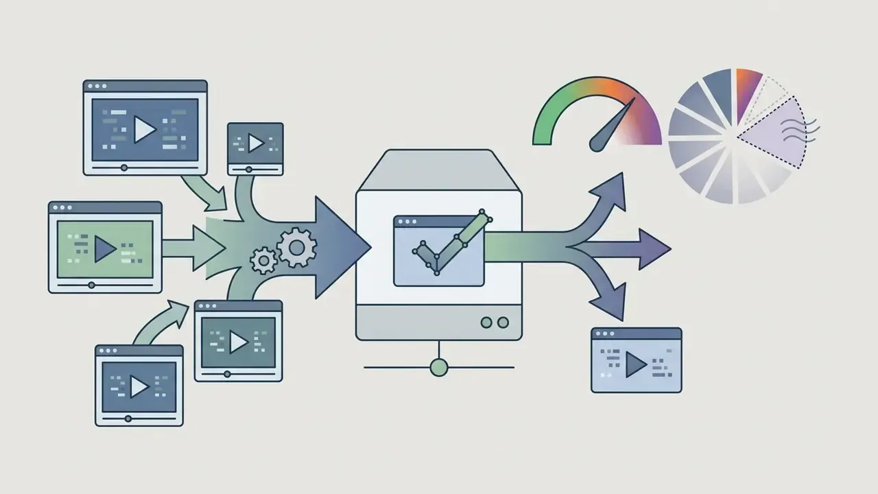 Multiple browser windows feeding video files into a central server for processing and output