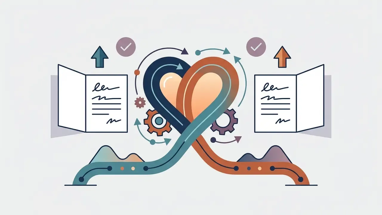 Intertwined heart shape with gears and arrows connecting to two open documents with checkmarks