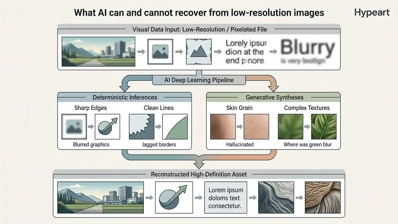Flowchart showing how AI deep learning separates deterministic inferences from generative syntheses to make an image HD