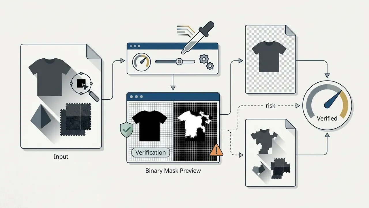 Steps showing a black shirt being processed through a binary mask preview to verify shadow preservation