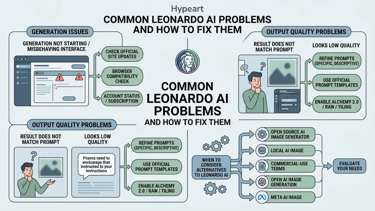 Summary chart detailing troubleshooting steps for Leonardo AI generation errors and quality issues