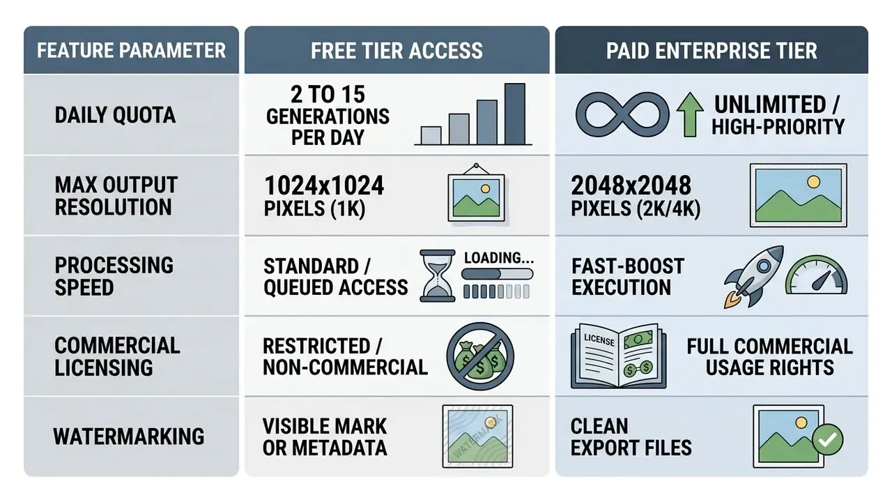 Comparison table contrasting free and paid subscription tiers for image generation software features