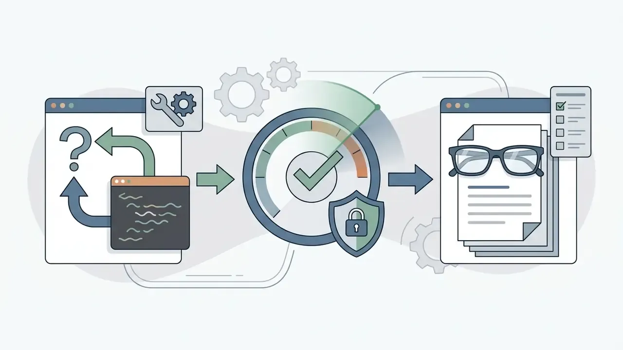Code refinement loop leading to a security gauge and a final document review with glasses