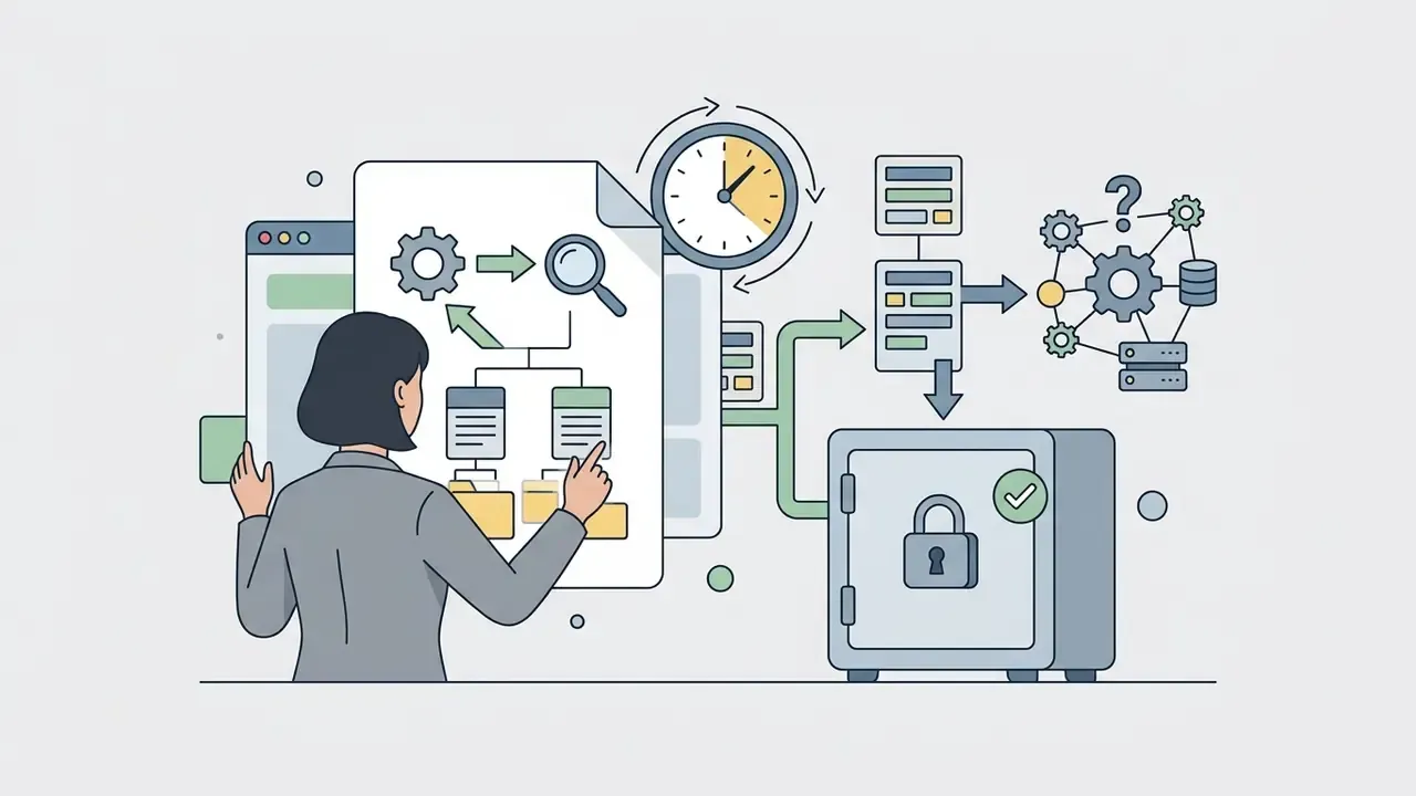Person interacting with digital documents and a clock leading to a secure safe for data storage