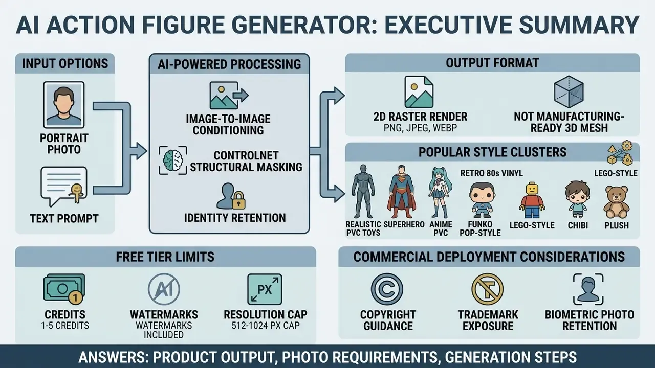 Flowchart showing how an ai action figure generator processes inputs into stylized 2D toy renders