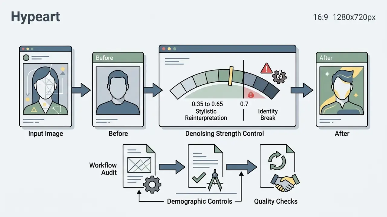 Sequence showing denoising strength settings for image transformation alongside a workflow audit path