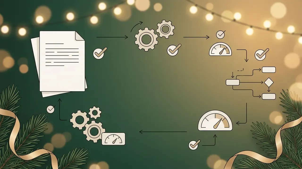 Process icons with gears and gauges connecting a document to a sequence of steps on a festive background
