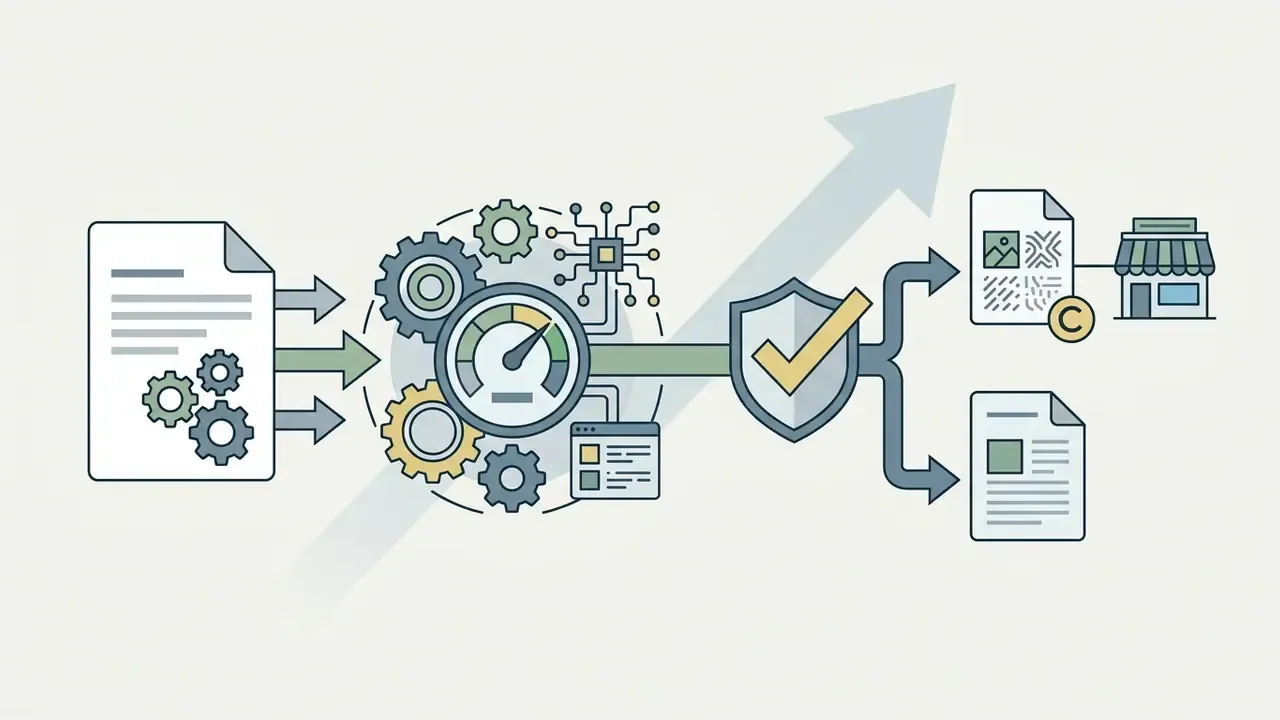 Paper document feeding into a gear processor and shield icon to output commercial and legal records