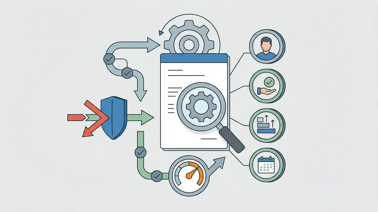 Document being reviewed by a magnifying glass with icons for personnel, approval, and progress tracking