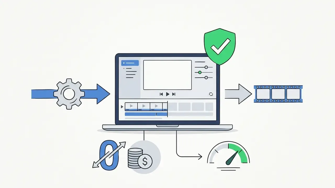 Laptop running video editing software with icons representing free cost, speed, and stable output
