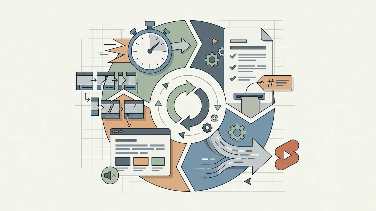 Circular cycle graphic showing timing, editing, captioning, and metadata steps for short video production